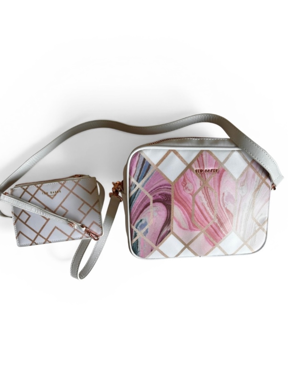Ted Baker Aamberr Crossbody Bag Pink, White, Rose Gold Hardware + Bonus Wristlet